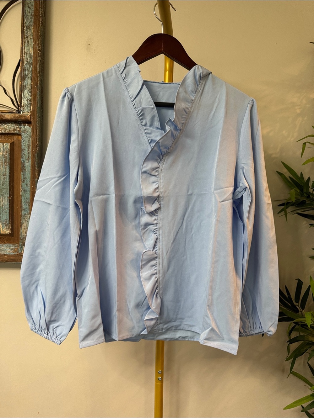 Sky Blue Ruffle-Front Blouse NEW S